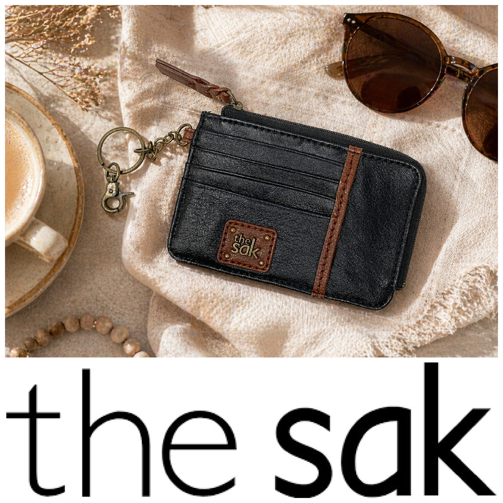 Sakroots Black Leather Slim Wallet Card Holder Keychain Zip Coin Pouch Organizer